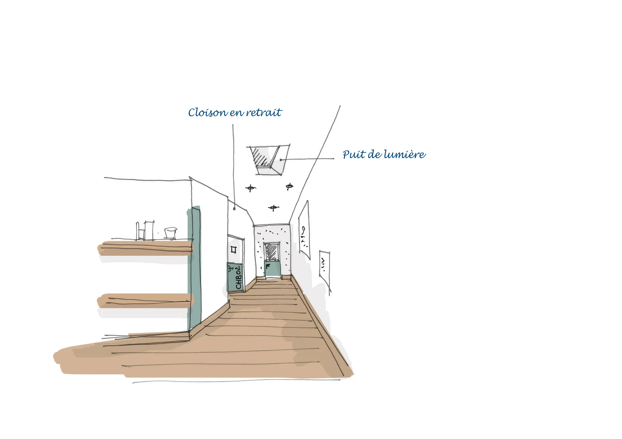Croquis — cloison en retrait et puits de lumière